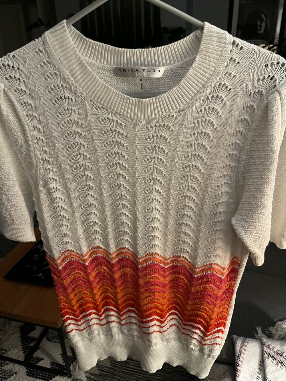 Trina Turk White Short-Sleeve Knit Sweater with Orange and Pink Wave Hem